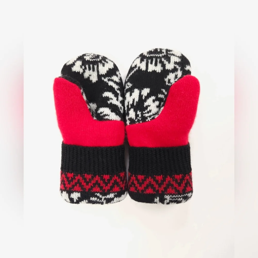 Upcycled Wool Sweater Mittens Black Red Floral Double Fleece Lined Adult M
